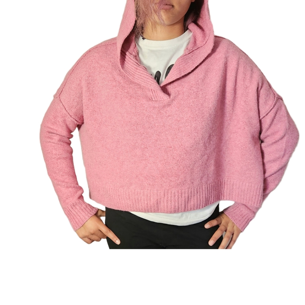 Fliritude Womens Hooded Long Sleeve Pullover Sweater, Size M Pink